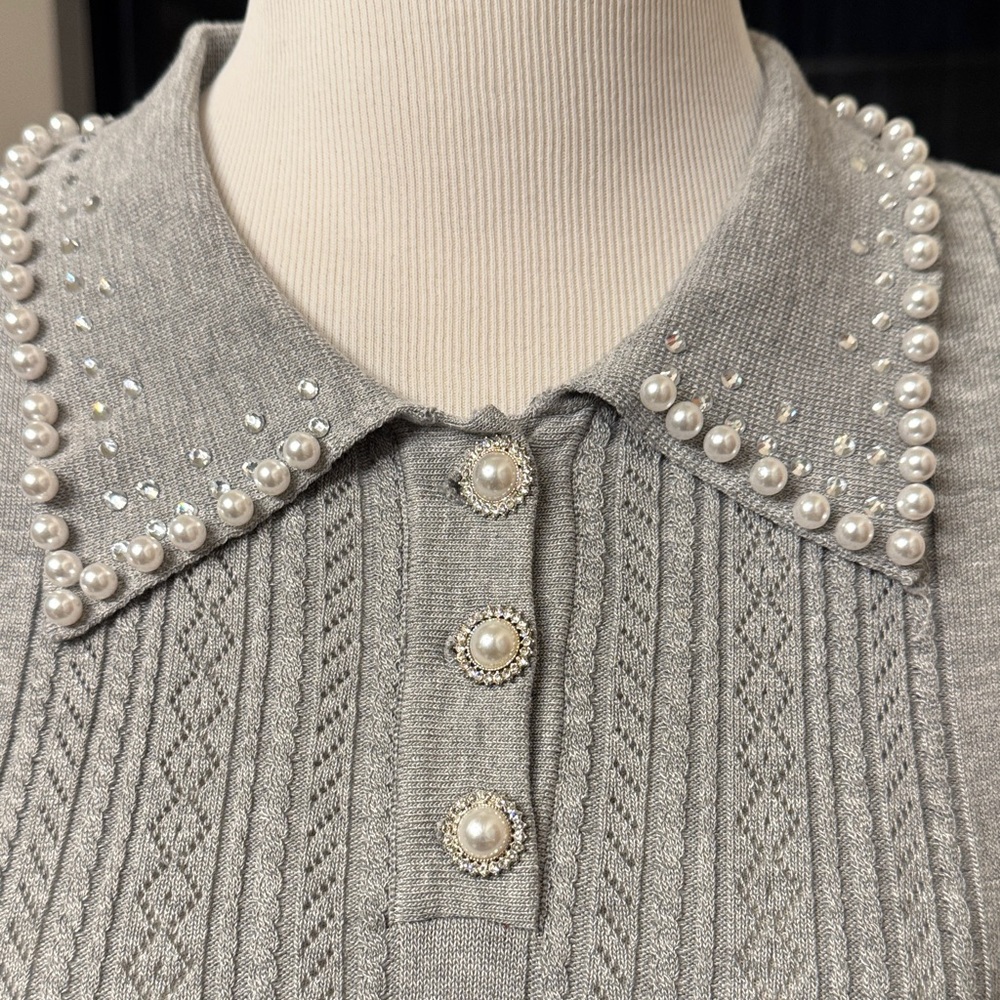 Elegant Women's Gray Knit Top with Pearl Details